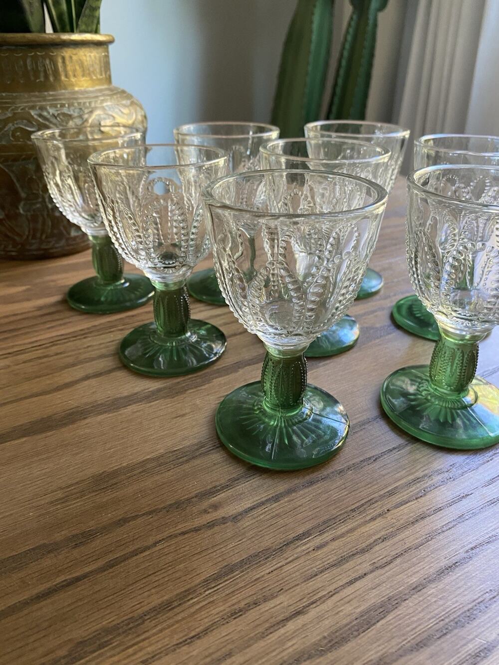 Vintage 1980s Avon Beaded Emerald Cordial Glasses Set of 8 Green Stem Glasses